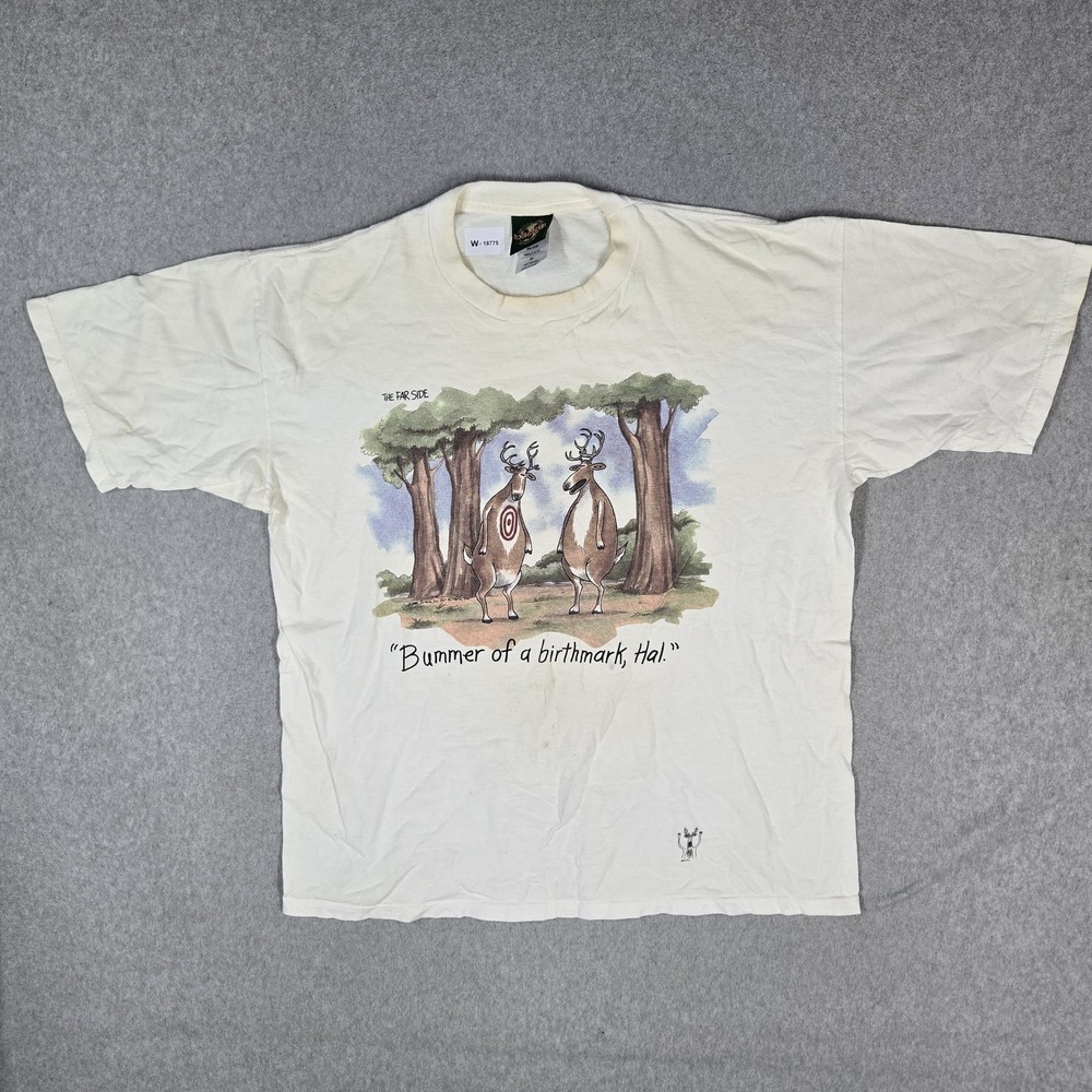 VINTAGE Hunting Men Shirt XL Off-White 80s USA Humor Deer Bullseye READ